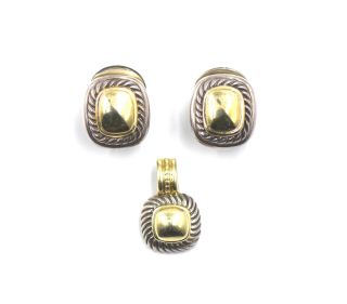 Designer David Yurman Cable Earrings Pendant Set 14k Yellow Gold Sterling Silver