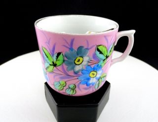 Antique Victorian Porcelain Pink & Blue Floral 3 1/2 " Oversized Mustache Cup