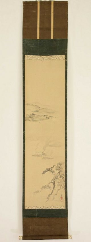 掛軸1967 Japanese Hanging Scroll : Mori Koga " Residence And Pine Tree " @r943