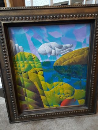 Abstract Cubist Futuristic Seascape Coast Landscape Framed Signed Oil Painting