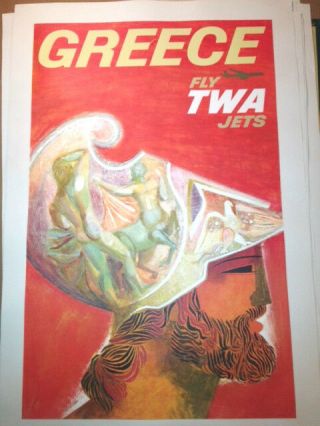 Vintage Travel Poster Greece Twa Airlines David Klein Linen Backed