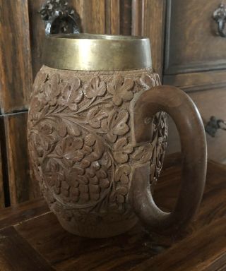 Antique Vintage Sheesham Wood Hand Carved Indian /asian Wooden Tankard / Mug
