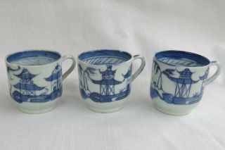 3 Chinese Export Canton Blue & White Porcelain Demitasse Cups