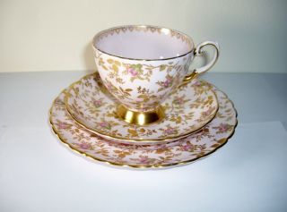 Pink Tuscan Rose Gold 3 Pc Coffee Cup Saucer Dessert Plate Vintage