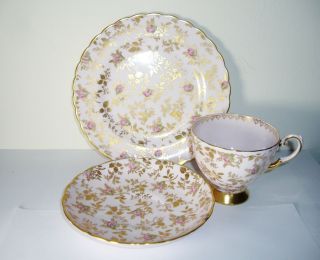 Pink Tuscan Rose Gold 3 Pc Coffee Cup Saucer Dessert Plate Vintage 3