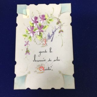 Antique French Celluloid Hand Painted Purple Flowers W French Writing T53