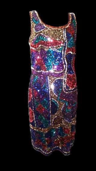 Oleg Cassini Black Tie Vintage 80s Multi Color Sequin And Beaded Party Dress 12
