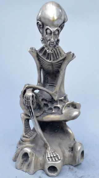 Chinese Ancient Collectable Miao Silver Carve Skinny Buddha Temple Lucky Statue