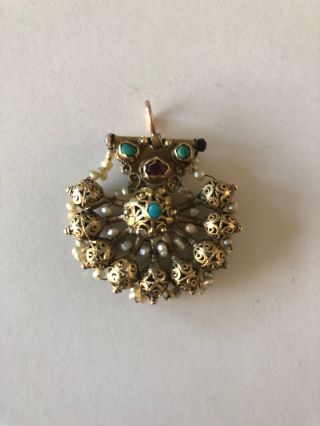Estate 14k Gold Seed Pearl Persian Turquoise Jeweled Pendant 8.  6 Gram