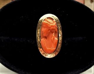 Antique Solid 14k Yellow Gold & Mediterranean Coral Cameo Victorian Ring Sz 5.  5