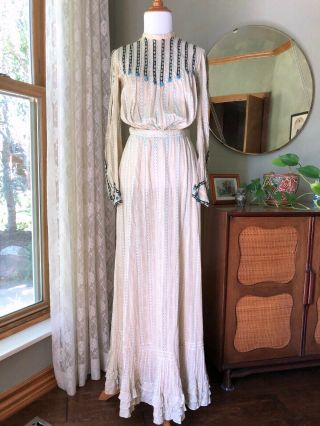 1900s Edwardian Dress Antique Cotton 2 Piece Gown Shirtwaist Skirt Set Silk Trim