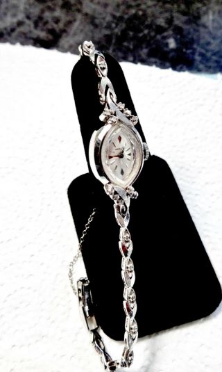 Womens Vintage Hamilton Diamond Studded 14k White Gold Bracelet Wristwatch,  Runs