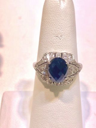 Sapphire Diamond Ring 18k White Gold Engagement Oval Vintage Art Deco Antique