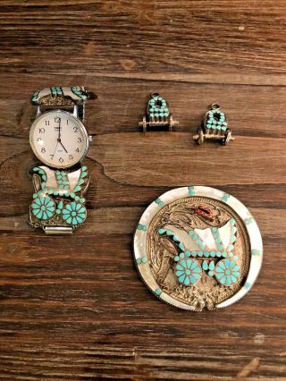 Vintage Dishta Zuni Conestoga Wagon St Silver Turquoise/coral Inlay Bolo & Watch