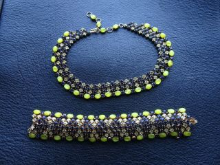 Schreiner Blue & Jonquil Rhinestone And Yellow Moonstone Necklace & Bracelet