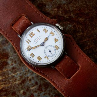 Zenith Antique Ww1 Trench Watch Transitional Arabic Numeral Enamel Dial Silver