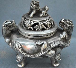 Old Handwork Miao Silver Carve Exorcism Dragon Around Incense Burner Collectable
