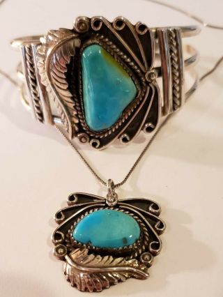 Vintage Native American Sterling Silver Signed Turquoise Bracelet Pendant Set