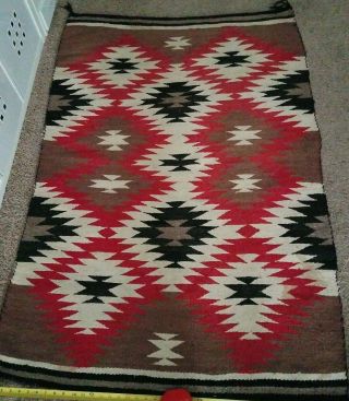 Vintage Navajo Eye Dazzler Rug.  Brown,  Red,  Creme,  With Tassels.