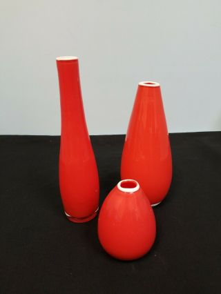 Set Of 3 Art Deco Red Glass Vases Two 