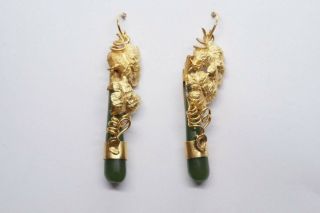 Antique Zealand Jade / Nephrite & 18k Gold Foliate Earrings C1860