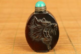 Rare Chinese Old Yak Horn Hand Carving Wolf Statue Snuff Bottle Noble Gift