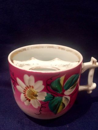 Antique Porcelain Mustache Cup Mug Bamboo Handle,  Pink & White With Flower