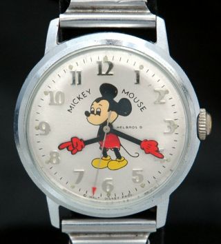 1970s Mickey Mouse Windup Helbros 17 Jewels Mens 34mm Watch Vtg Walt Disney Rare