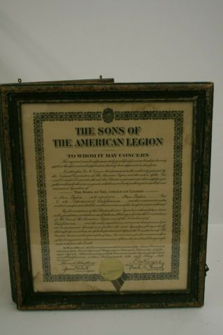 Vintage Sons of the American Legion certificate 5/4/1934 San Pedro Ca.  65 2