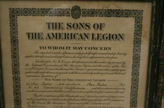 Vintage Sons of the American Legion certificate 5/4/1934 San Pedro Ca.  65 3