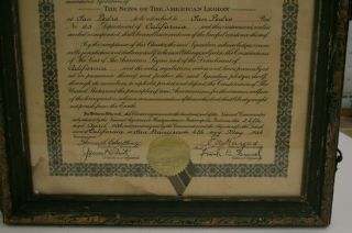 Vintage Sons of the American Legion certificate 5/4/1934 San Pedro Ca.  65 4