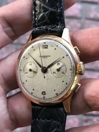 SUISSE CHRONOGRAPH LANDERON 51 SOLID 18K ROSE GOLD CASE VINTAGE WATCH 5