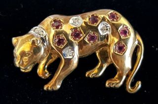 9 Carat Gold Ruby & Diamond Vintage Art Deco Antique Panther Brooch