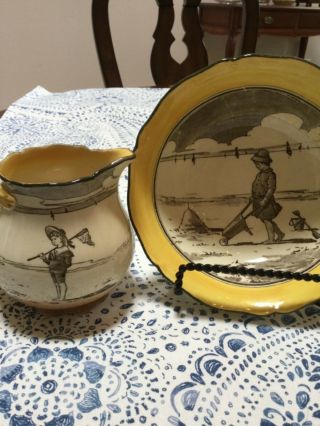 Antique Royal Doulton Small Bowl,  Pitcher - Children,  Beach,  Ocean,  Summer - Lovely
