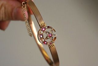 Fine Antique 9 Ct Rose Gold Ruby &seed Pearl Crescent Moon Star Bangle Bracelet