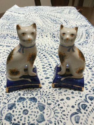 Two Antique Staffordshire Cat Figurines - Calico W/ Blue