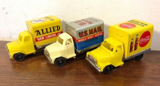 3 Vintage Tin Friction Toy Trucks Allied Van Lines Us Mail Coca Cola Coke Japan