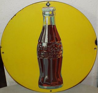 1940s Antique Vintage Coca Cola Round Yellow Porcelain Bottle Sign 15 1/2 " Across