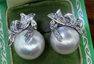 Art Deco Palladium Vintage Antique Mabe Pearl Diamond Filigree Earrings C4