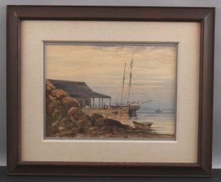 Antique Samuel Triscott England Fishing Boat Harbor Watercolor Painting