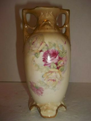 Vintage Antique Porcelain Ewer Vase Double Handles Gold Embellished Roses 7 " Tall