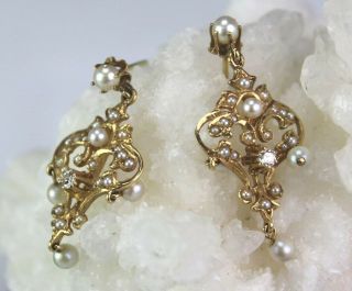 Pr Antique Victorian Diamond 14k Gold Seed Pearl Pierced Chandelier Earrings Rdi