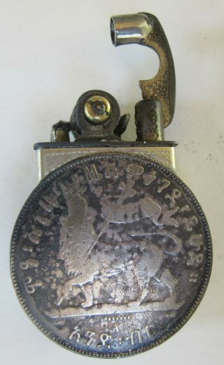 Vintage Lighter Ethiopia 1895 - 97 Emperor Menelik II 1 Birr Silver Coin 3