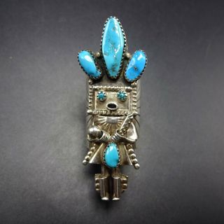 Extra Long Vintage Navajo Sterling Silver Turquoise Kachina Ring,  Size 7.  5