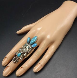 Extra Long Vintage NAVAJO Sterling Silver TURQUOISE KACHINA RING,  size 7.  5 2