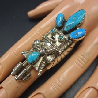 Extra Long Vintage NAVAJO Sterling Silver TURQUOISE KACHINA RING,  size 7.  5 3