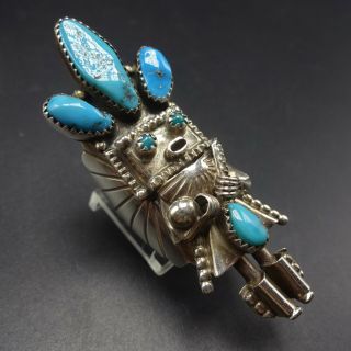 Extra Long Vintage NAVAJO Sterling Silver TURQUOISE KACHINA RING,  size 7.  5 4