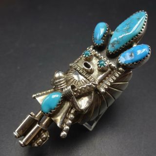 Extra Long Vintage NAVAJO Sterling Silver TURQUOISE KACHINA RING,  size 7.  5 5