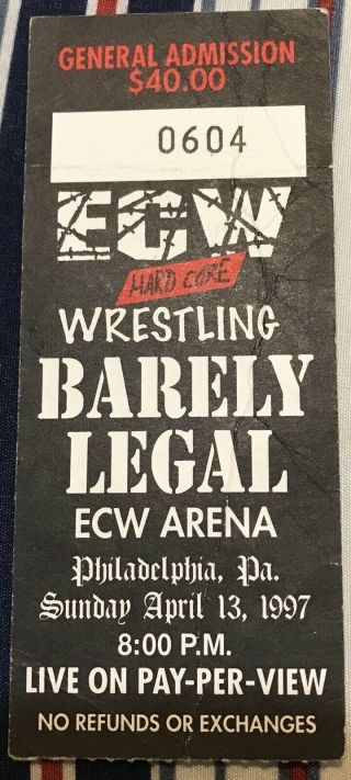 Incredibly Rare Ecw Barely Legal Ticket Stub Vintage Wwf Wwe Wcw Roh Aew