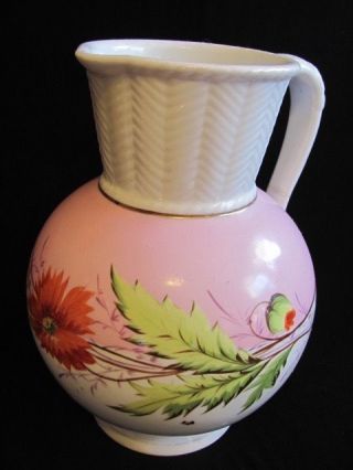 Antique 1850 - 1890 Victorian Large Water Pitcher White Pink Hand Painted 11 1/2 "